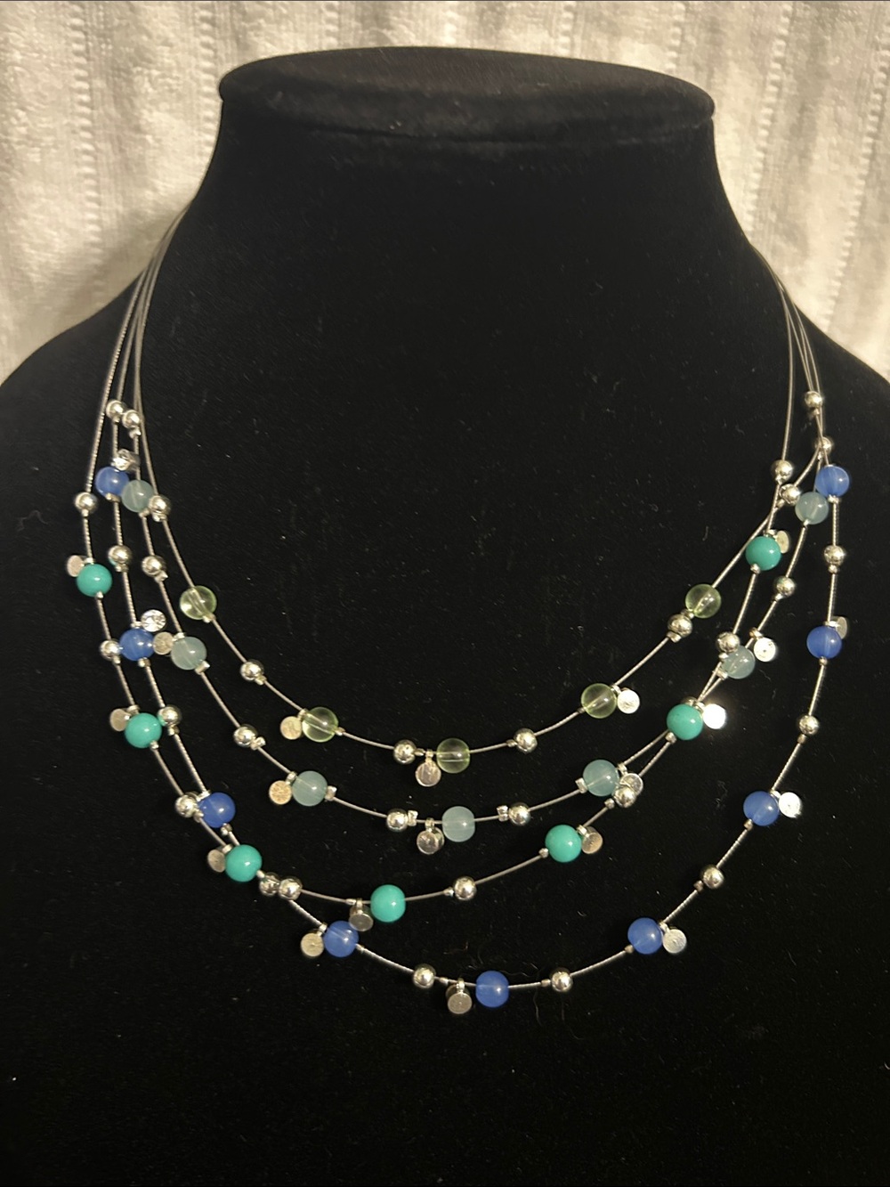 Layered Blue & Green Bead Necklace – Delicate Multi-Strand Design